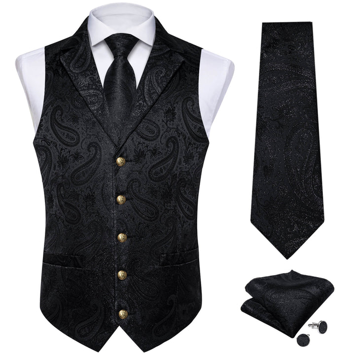 Midnight black Woven Paisley Silk Suit Vest Tie Set