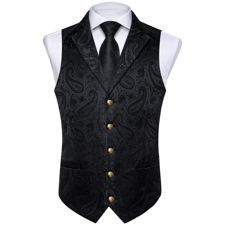 Midnight black Woven Paisley Silk Suit Vest Tie Set