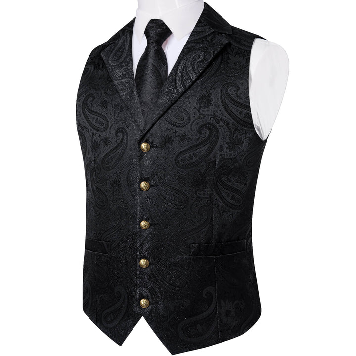 Midnight black Woven Paisley Silk Suit Vest Tie Set