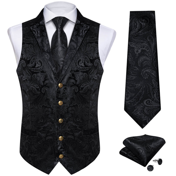  Ink Black Floral Silk Waistcoat Suit Vest Tie Set