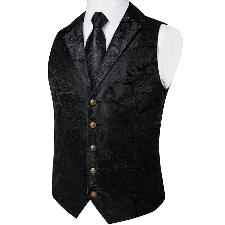  Ink Black Floral Silk Waistcoat Suit Vest Tie Set