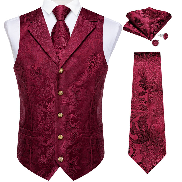 fashion mens design burgundy vest suit waistcoat tie pocket square cufflinks set for wedding