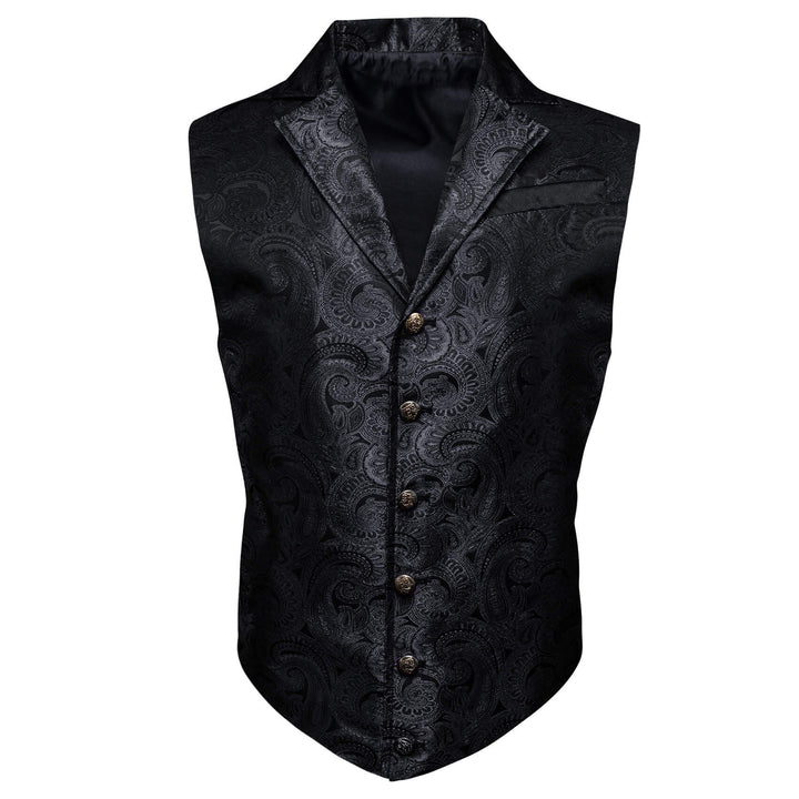 Black Jacquard Silk Notched Collar Suit Vest