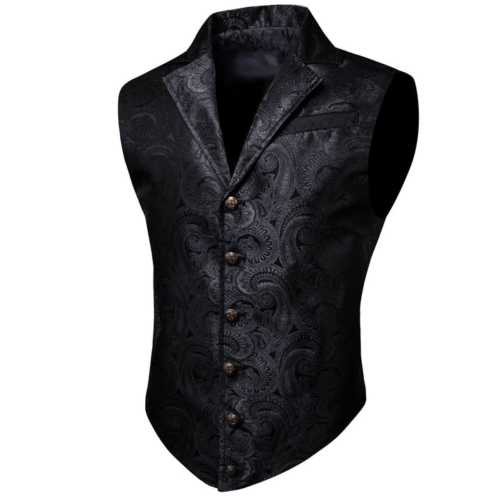 Black Jacquard Silk Notched Collar Suit Vest