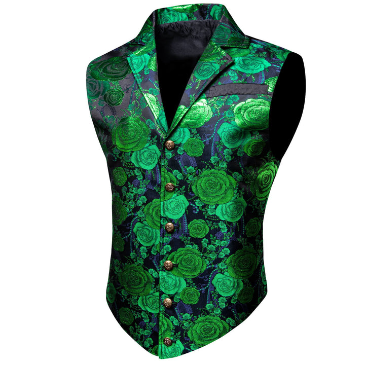  Green Woven Floral Silk Notch Collar Vest