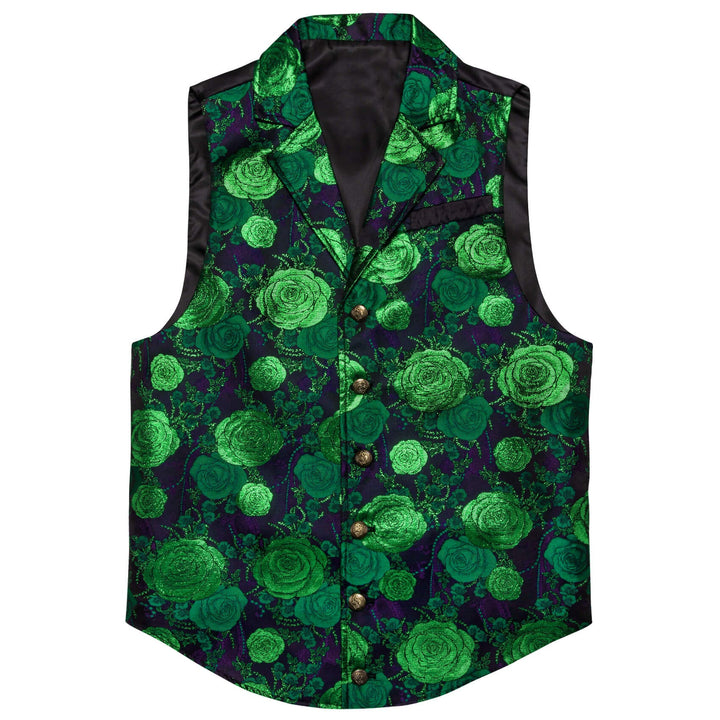  Green Woven Floral Silk Notch Collar Vest