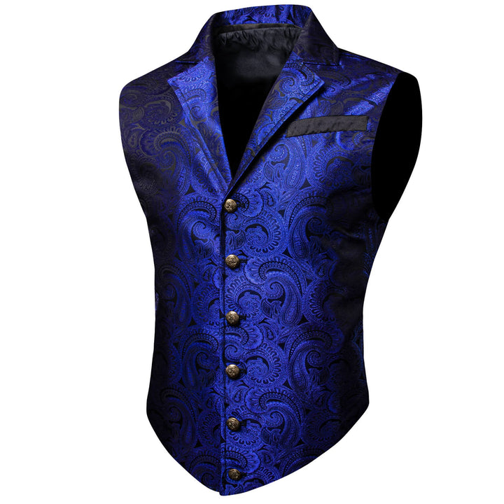  Medium Blue Jacquard Silk Notched Collar Suit Vest