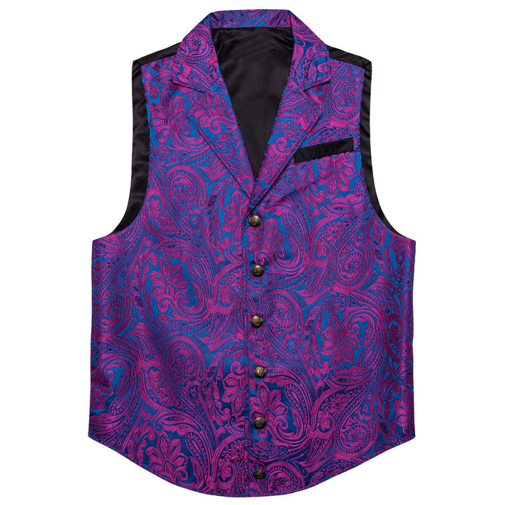 Purple Blue Floral Silk Notch Collar Vest