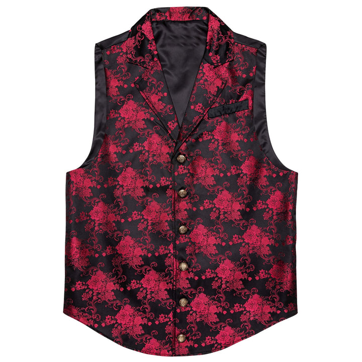 Red Jacquard Floral Silk Notch Collar Vest