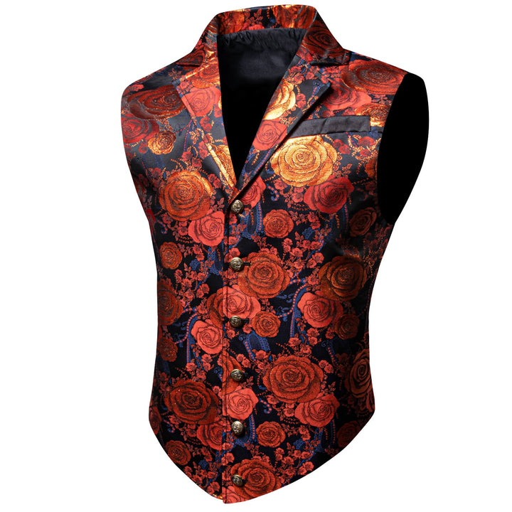 Orange Woven Floral Silk Notch Collar Vest