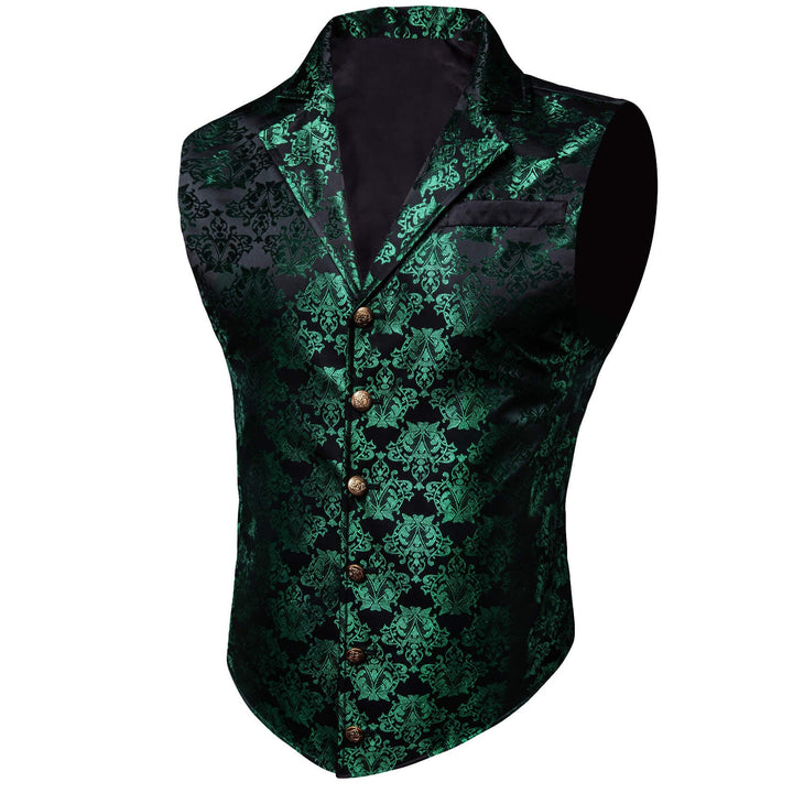 Dark Green Black Floral Silk Waistcoat Suit Vest