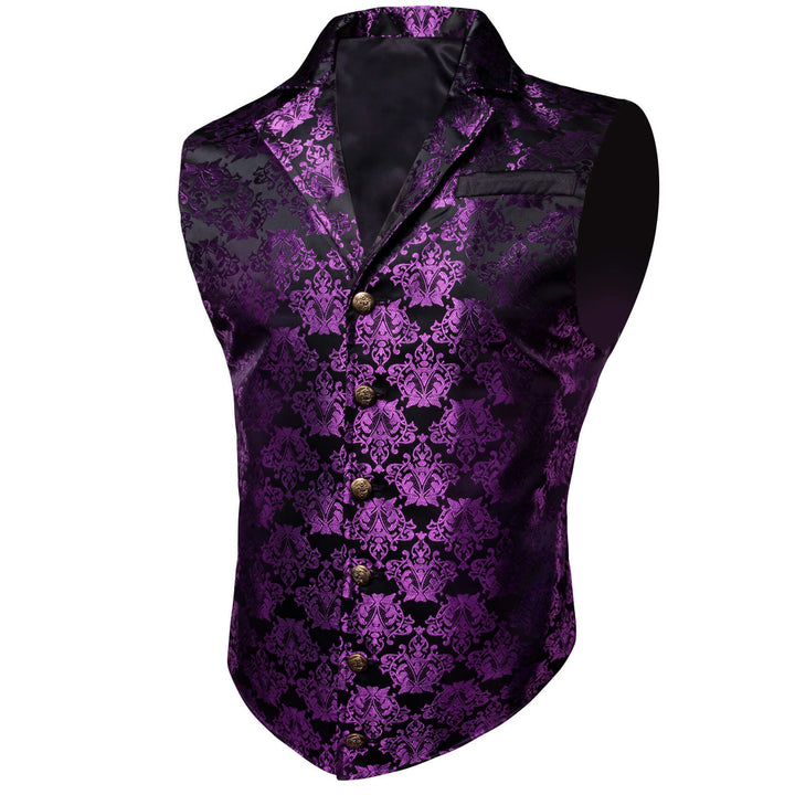 Dark Purple Jacquard Black Floral Silk Waistcoat Suit Vest