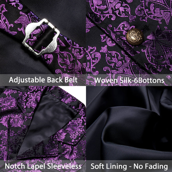 Dark Purple Jacquard Black Floral Silk Waistcoat Suit Vest