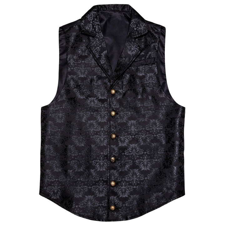  Silver Black Woven Floral Silk Waistcoat Suit Vest