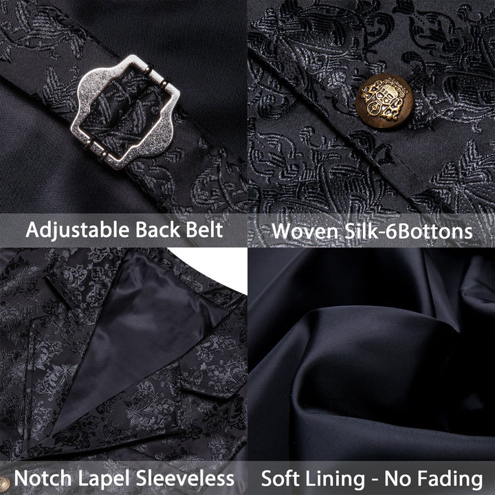  Silver Black Woven Floral Silk Waistcoat Suit Vest