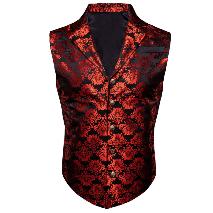 Black Red Woven Floral Silk Waistcoat Suit Vest