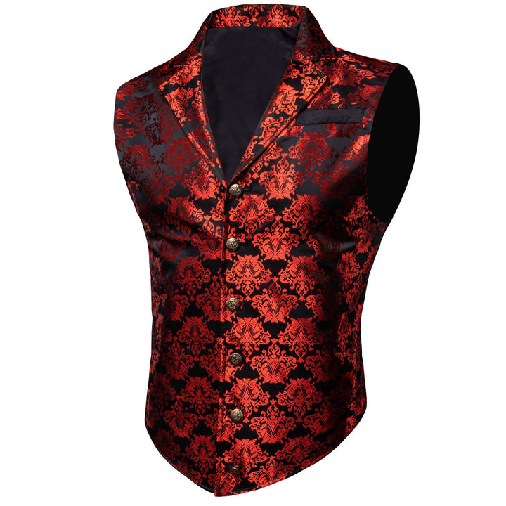 Black Red Woven Floral Silk Waistcoat Suit Vest