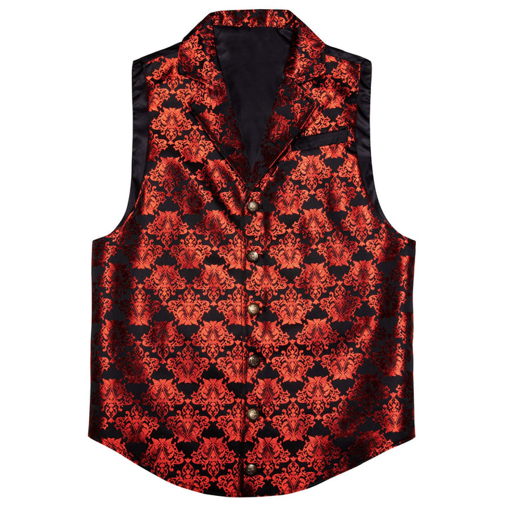 Black Red Woven Floral Silk Waistcoat Suit Vest