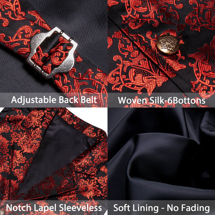 Black Red Woven Floral Silk Waistcoat Suit Vest