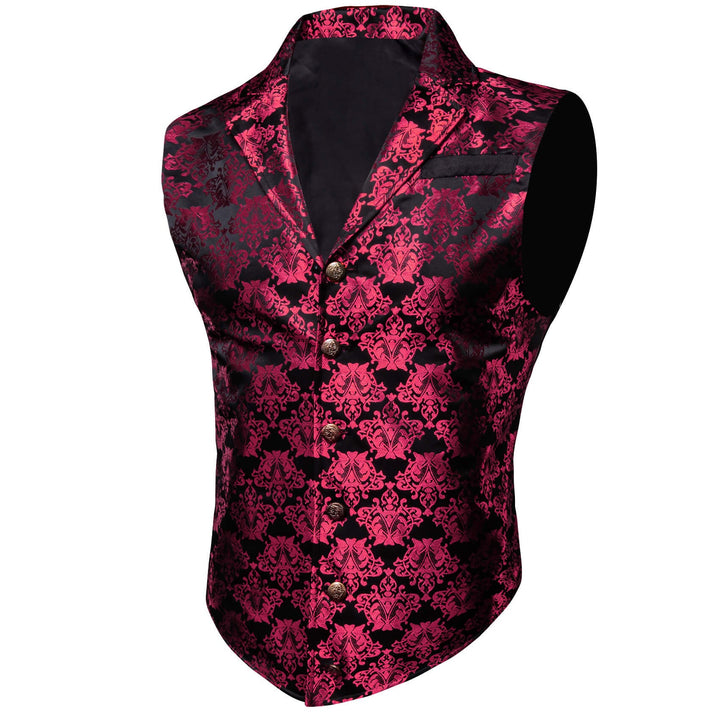  Black Ruby Red Jacquard Floral Silk Suit Vest