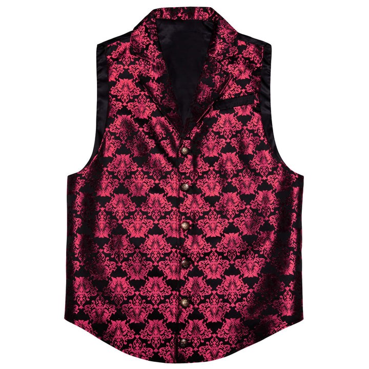  Black Ruby Red Jacquard Floral Silk Suit Vest