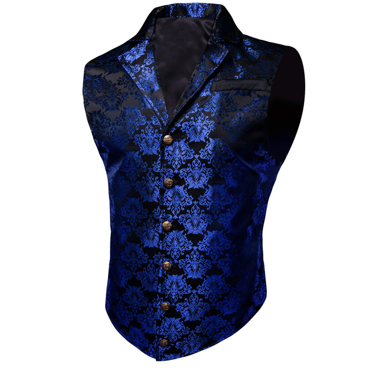 Black Medium Blue Jacquard Floral Silk Suit Vest