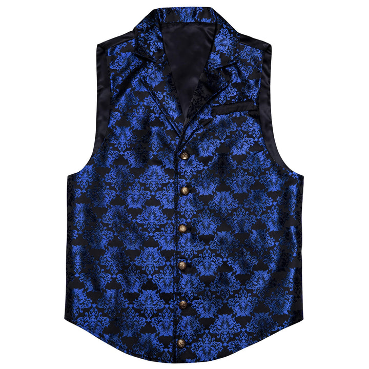 Black Medium Blue Jacquard Floral Silk Suit Vest