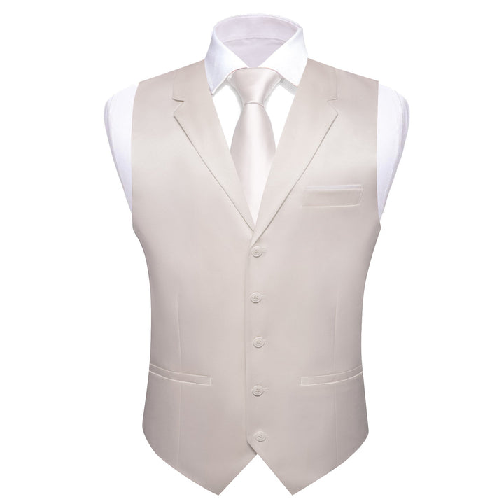 mens business classic solid silk Notched Collar Sleeveless cream white vest tuxedo tie pocket square cufflinks set with white office dress shirt