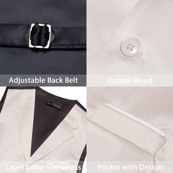 mens business classic solid silk Notched Collar Sleeveless cream white vest tuxedo tie pocket square cufflinks set with white office dress shirt