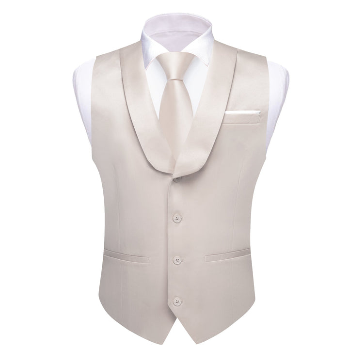 Cream White solid silk Button Down Shawl Collar mens vest tie pocket square cufflinks set for business dress suit