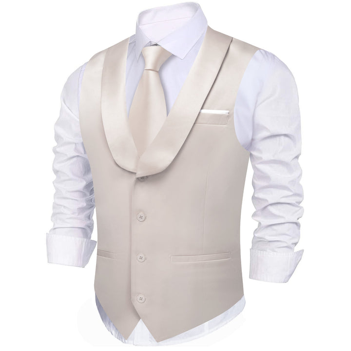 Cream White solid silk Button Down Shawl Collar mens vest tie pocket square cufflinks set for business dress suit