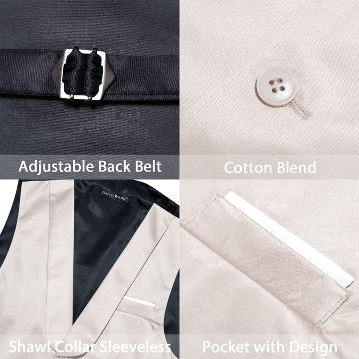 Cream White solid silk Button Down Shawl Collar mens vest tie pocket square cufflinks set for business dress suit