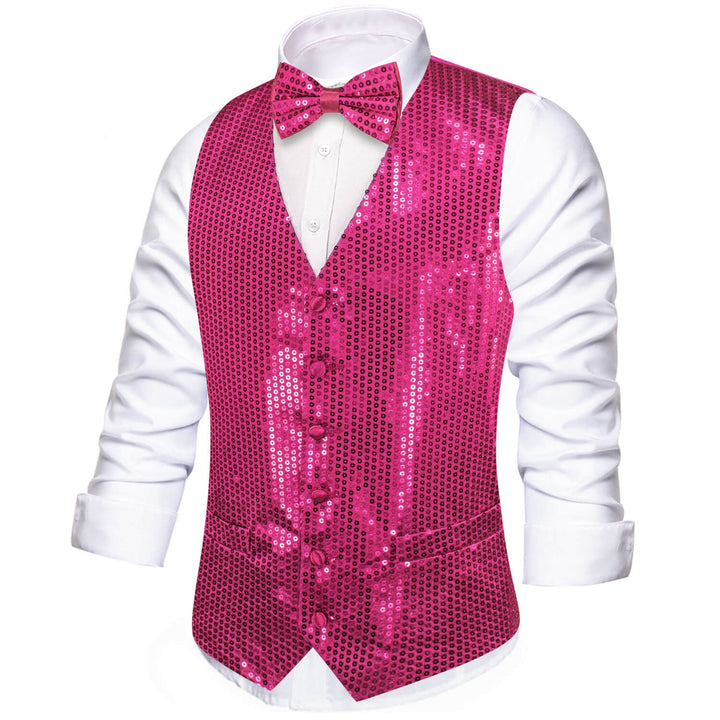 Shining Deep Pink Sequins Vest Bow Tie