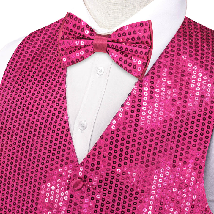 Shining Deep Pink Sequins Vest Bow Tie