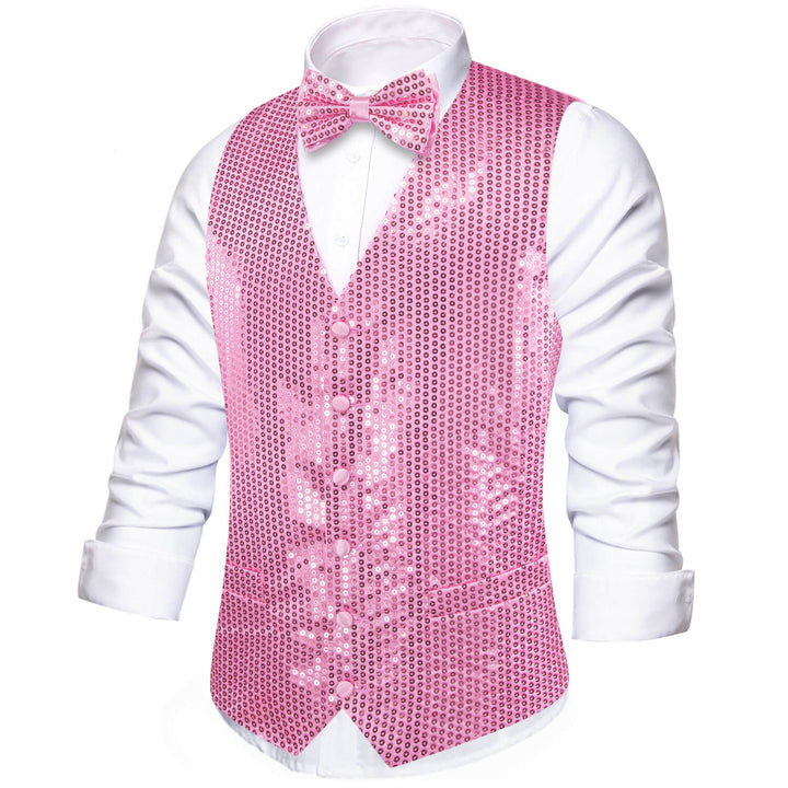 Shining Taffy Pink Sequins Vest Bow Tie