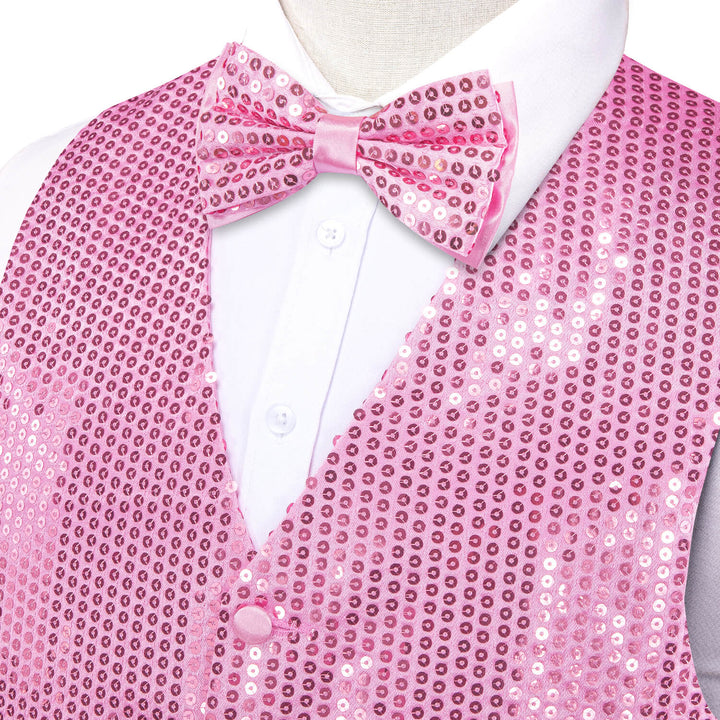 Shining Taffy Pink Sequins Vest Bow Tie