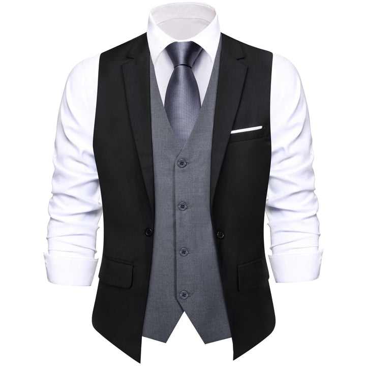 Layered Waistcoat Black Grey Splicing Collar Vest Dress Suit Vest