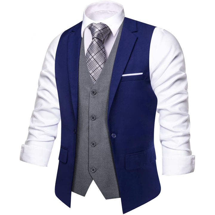 Layered Waistcoat Navy Blue Grey Splicing Collar Vest