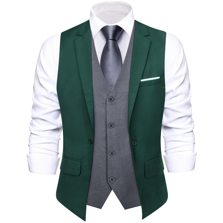 Layered Waistcoat Dark Green Grey Splicing Mens Formal Vest