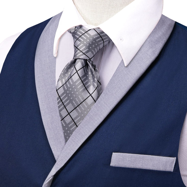 Midnight Blue Solid Silk Shawl Collar Vest