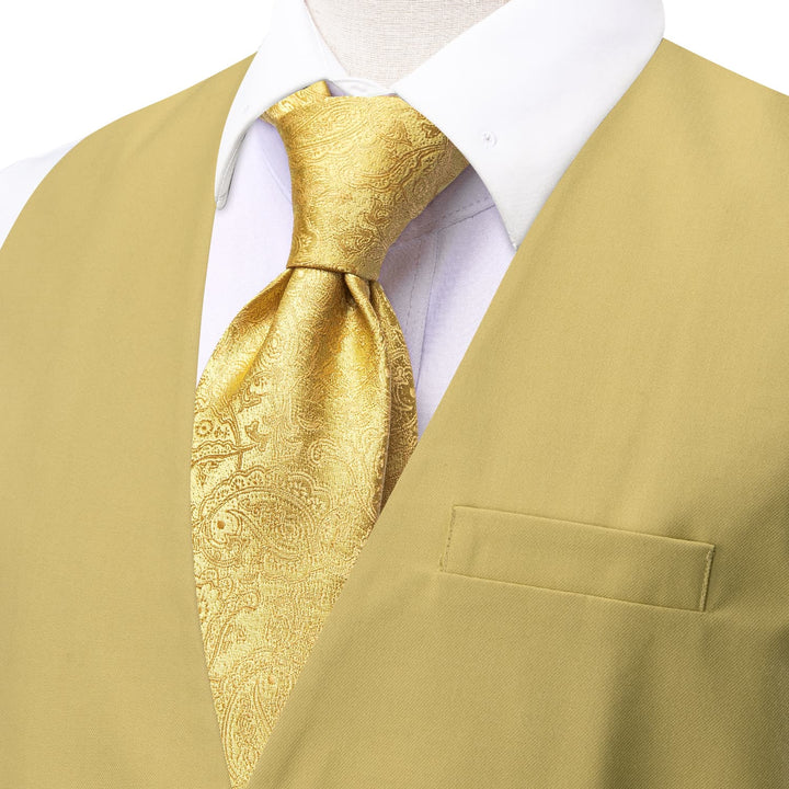 Dress Vest Top Flaxen Yellow Solid V Neck Silk Vest for Men