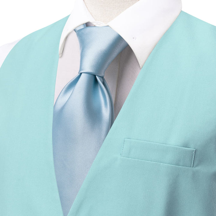 Dress Vest Top Pale Turquoise Blue Solid V Neck Silk Vest for Men