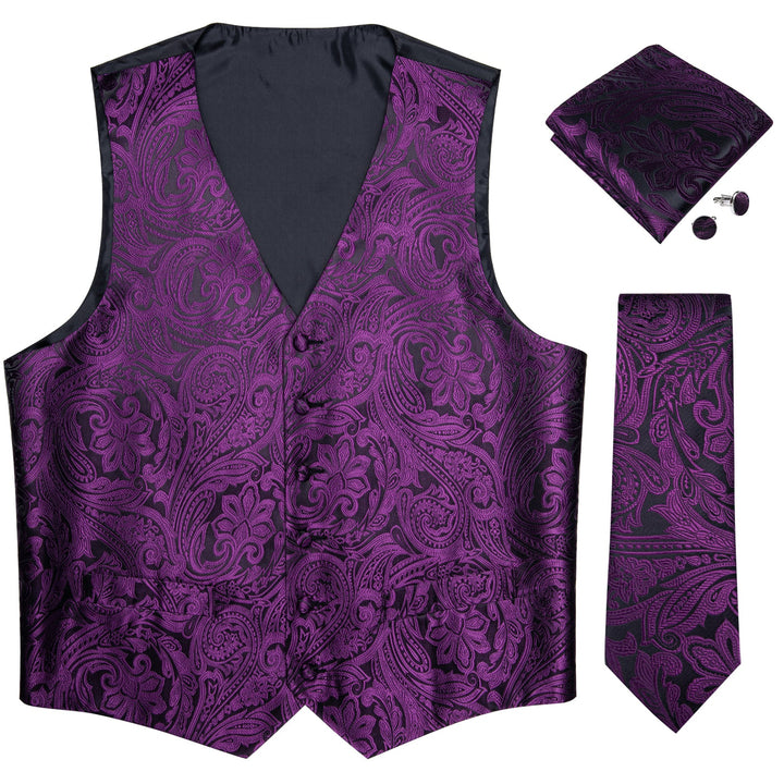 black suit with purple vest