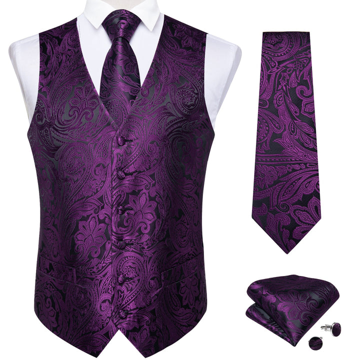 black suit with purple vest