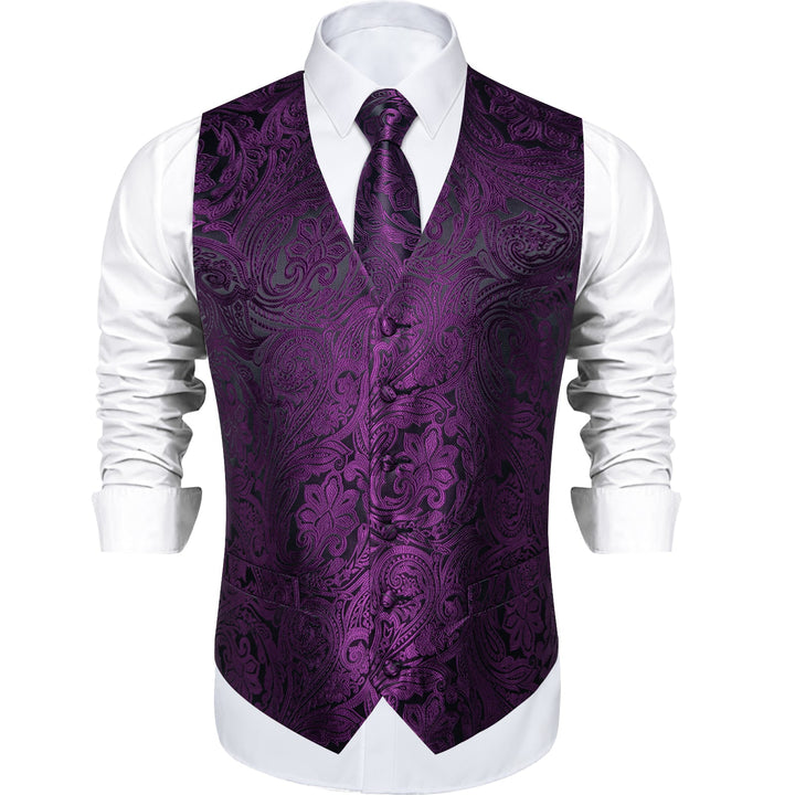 black suit with purple vest