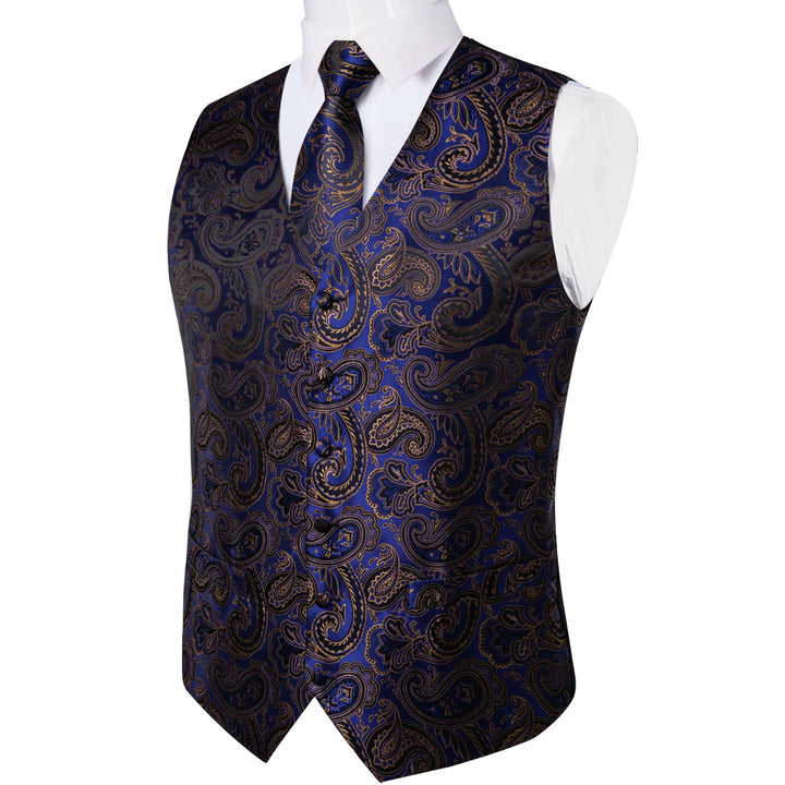 black suit with royal blue vest