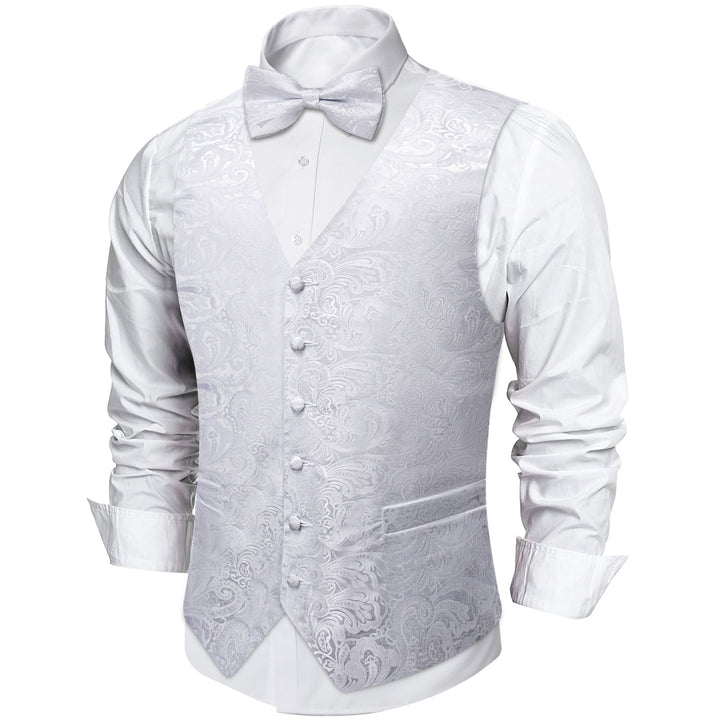 Elegant and refined white floral silk mens suit work vest bow tie set 