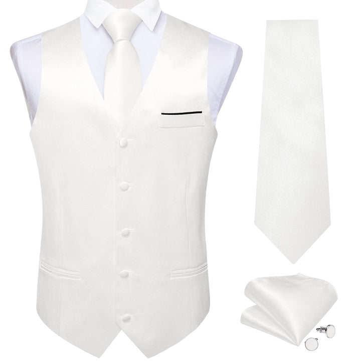 business classic solid silk mens white suit vest tie pocket square cufflinks set for men