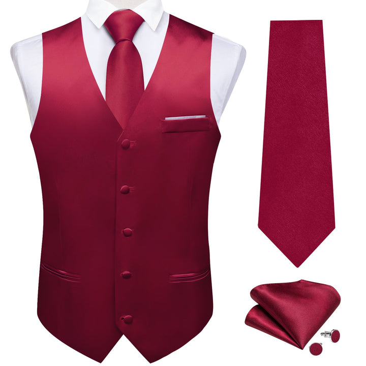 fashion business wedding silk mens red suit vest tie handkerchief cufflinks set for dress suit top