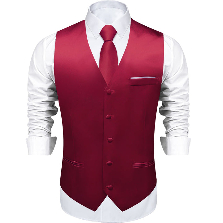 fashion business wedding silk mens red suit vest tie handkerchief cufflinks set for dress suit top